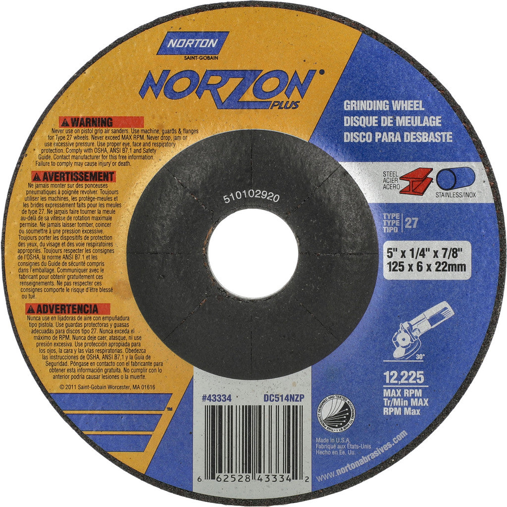 Norton 66252843334 Depressed-Center Wheel: Type 27, 5" Dia, 1/4" Thick, 7/8" Hole, Ceramic Alumina