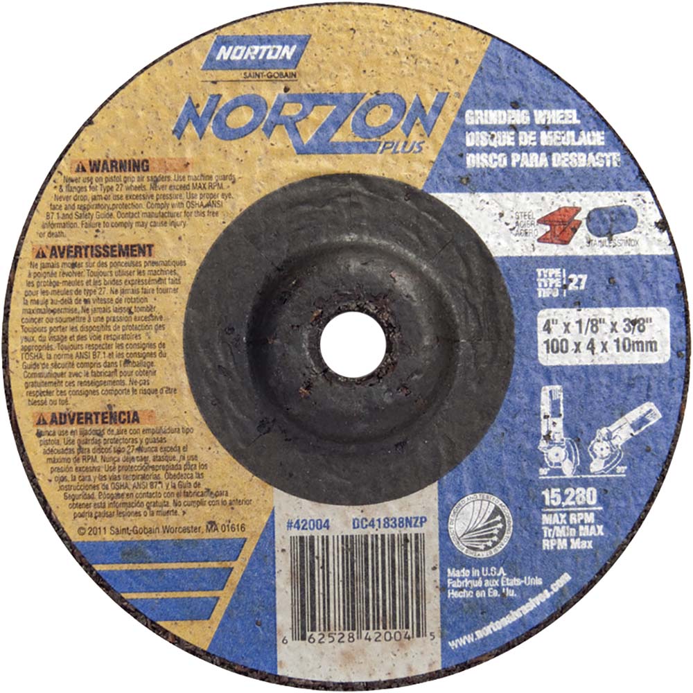 Norton 66252842004 Depressed-Center Wheel: Type 27, 4" Dia, 1/8" Thick, 3/8" Hole, Ceramic Alumina