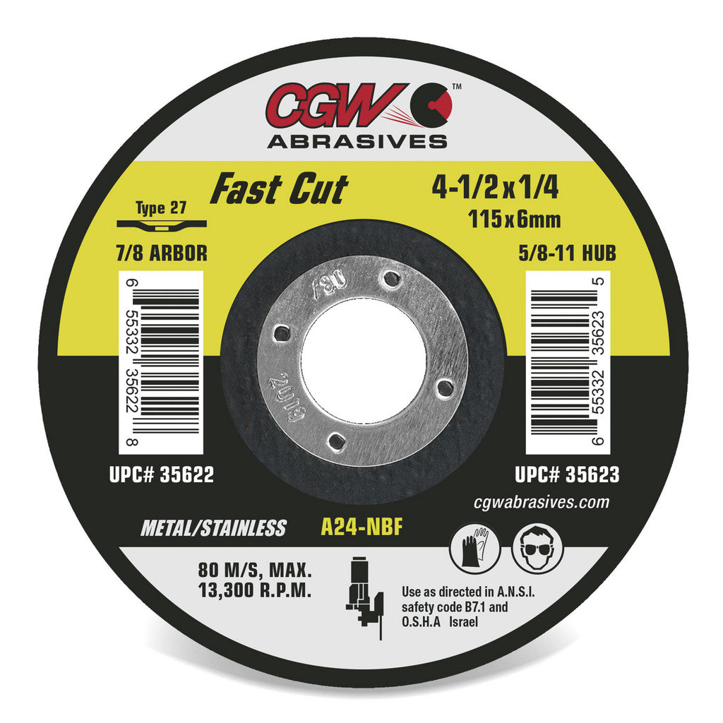 CGW Abrasives 36255 Depressed-Center Wheel: Type 27, 4-1/2" Dia, 1/4" Thick, 7/8" Hole, Aluminum Oxide