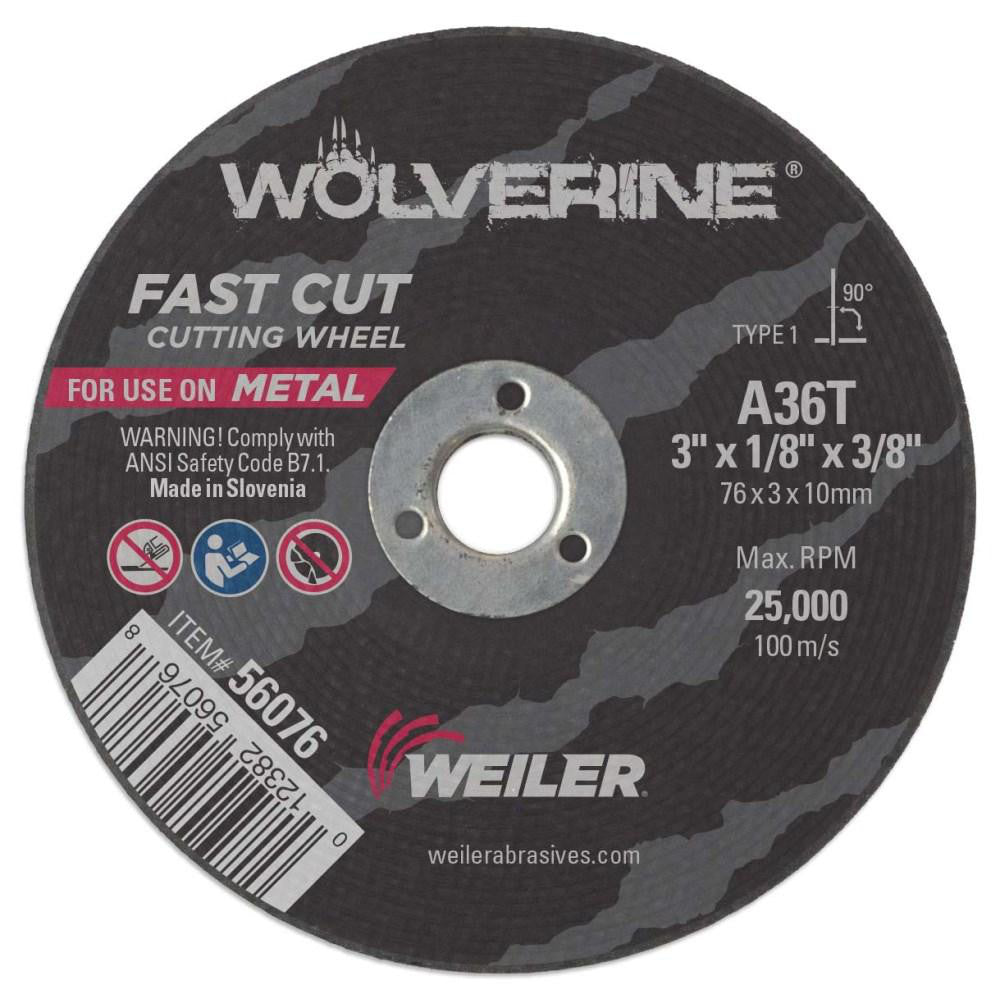 Weiler 56076 Cut-Off Wheel: Type 1 (01/41), 3 Dia, 1/8" Thick, 3/8" Hole, Aluminum Oxide