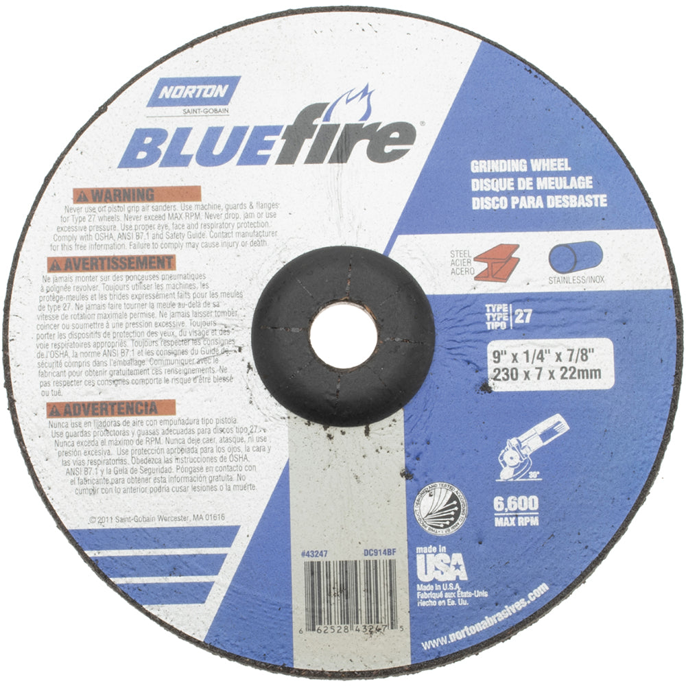 Norton 66252843247 Depressed-Center Wheel: Type 27, 9" Dia, 1/4" Thick, 7/8" Hole, Zirconia Alumina