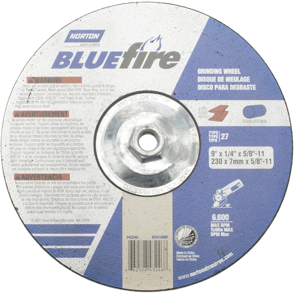 Norton 66252843246 Depressed-Center Wheel: Type 27, 9" Dia, 1/4" Thick, 5/8-11 Hole, Zirconia Alumina