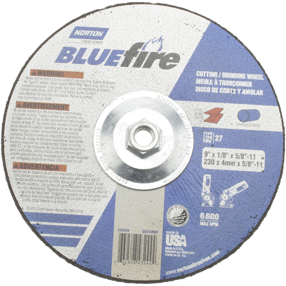 Norton 66252843244 Depressed-Center Wheel: Type 27, 9" Dia, 1/8" Thick, 5/8-11 Hole, Zirconia Alumina