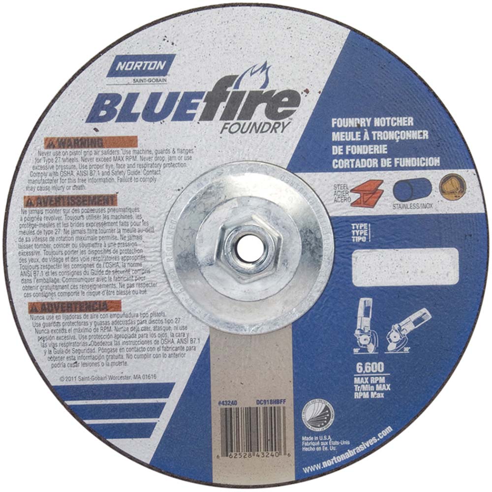 Norton 66252843240 Depressed-Center Wheel: Type 27, 9" Dia, 1/8" Thick, 5/8-11 Hole, Zirconia Alumina & Silicon Carbide