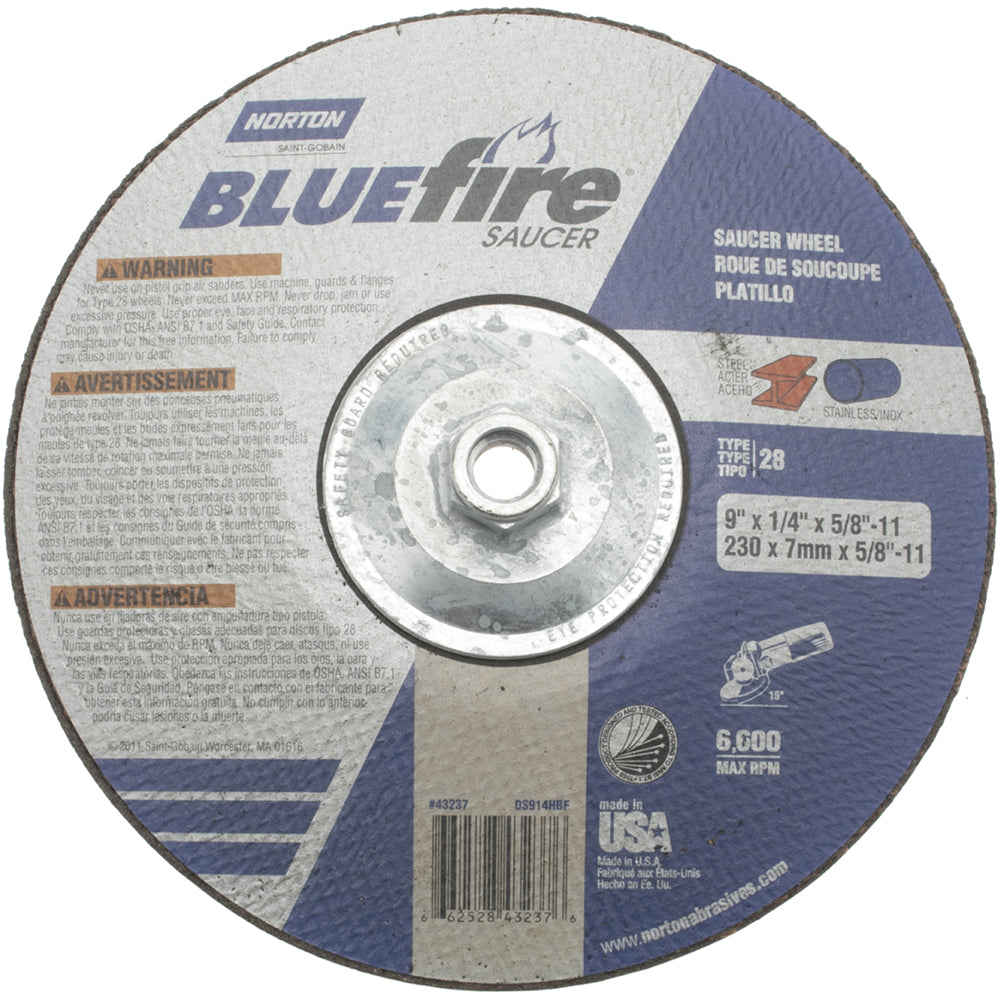 Norton 66252843237 Depressed-Center Wheel: Type 27, 9" Dia, 1/4" Thick, 5/8-11 Hole, Zirconia Alumina