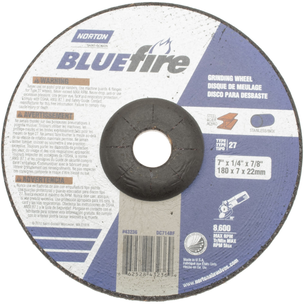 Norton 66252843236 Depressed-Center Wheel: Type 27, 7" Dia, 1/4" Thick, 7/8" Hole, Zirconia Alumina