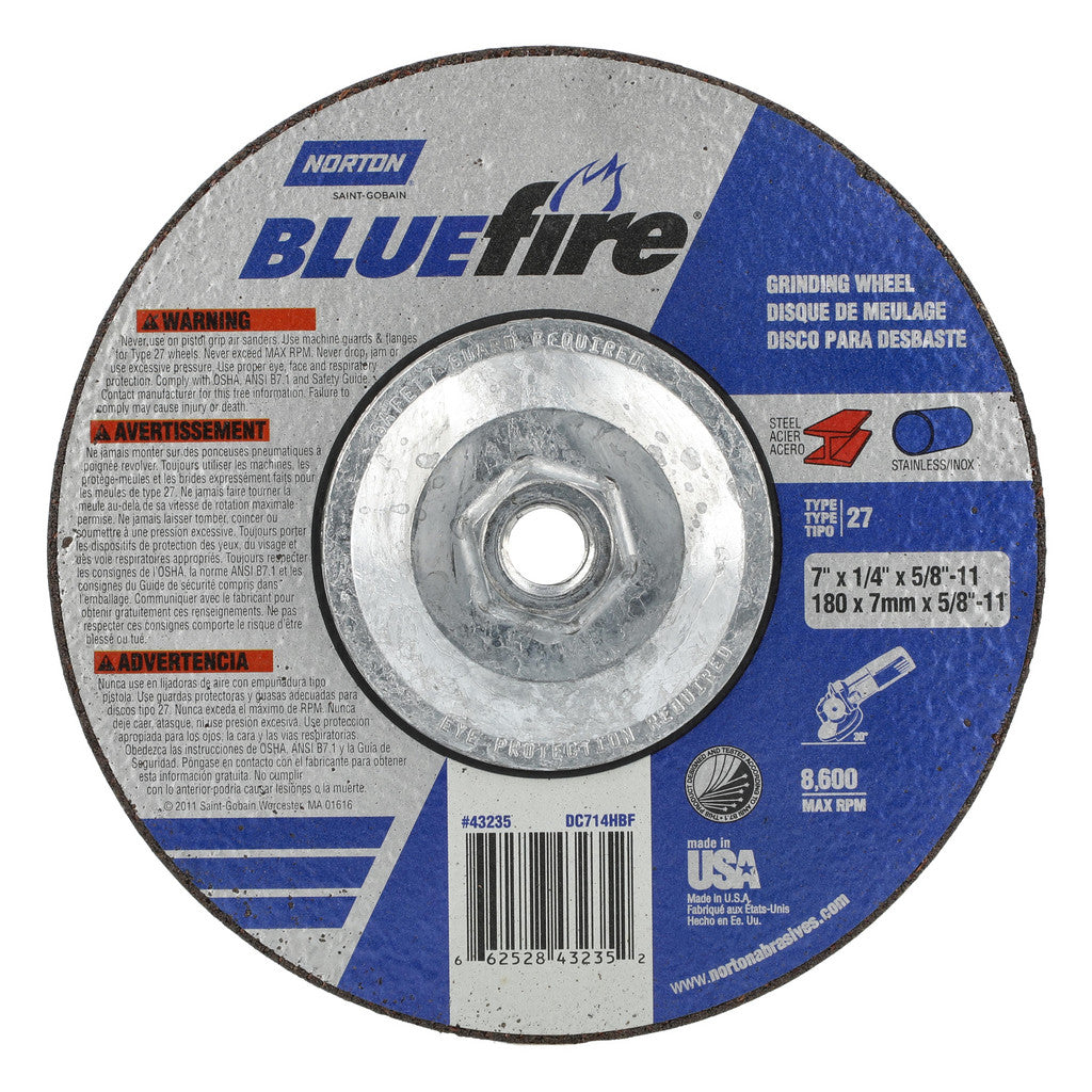 Norton 66252843235 Depressed-Center Wheel: Type 27, 7" Dia, 1/4" Thick, 5/8-11 Hole, Zirconia Alumina