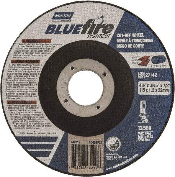 Norton 66252843219 Depressed-Center Wheel: Type 27 & Type 42, 4-1/2" Dia, 1/16" Thick, 7/8" Hole, Zirconia Alumina (Pack of 5)
