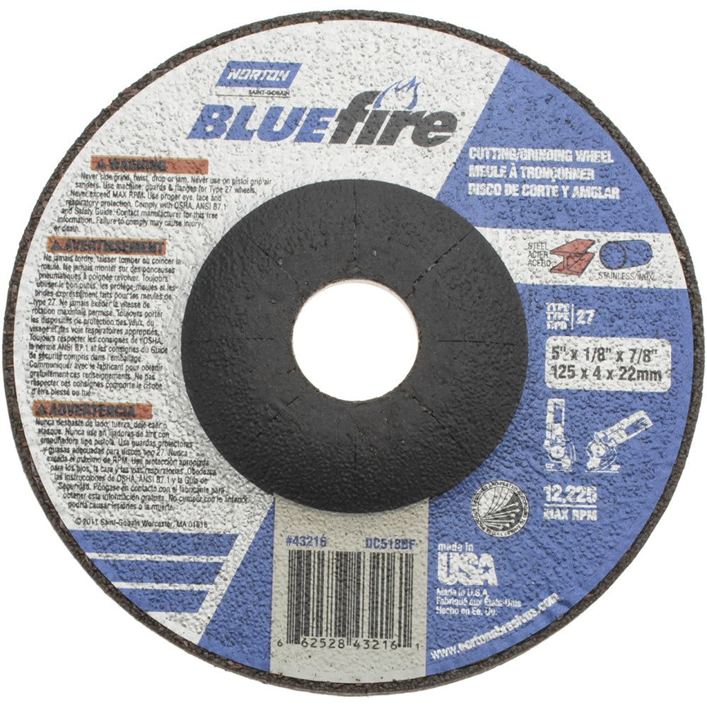 Norton 66252843216 Depressed-Center Wheel: Type 27, 5" Dia, 1/8" Thick, 7/8" Hole, Zirconia Alumina