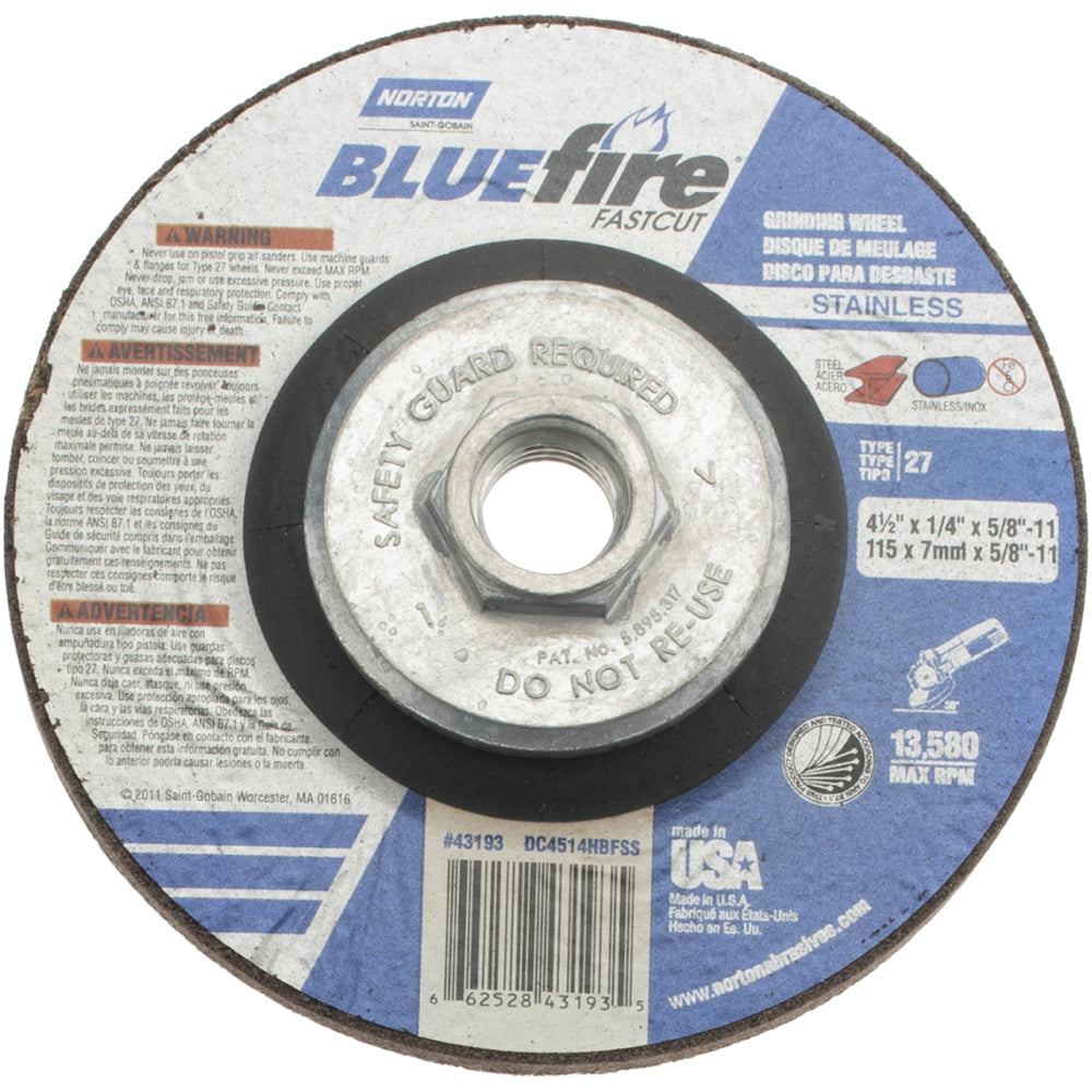 Norton 66252843193 Depressed-Center Wheel: Type 27, 4-1/2" Dia, 1/4" Thick, 5/8-11 Hole, Zirconia Alumina