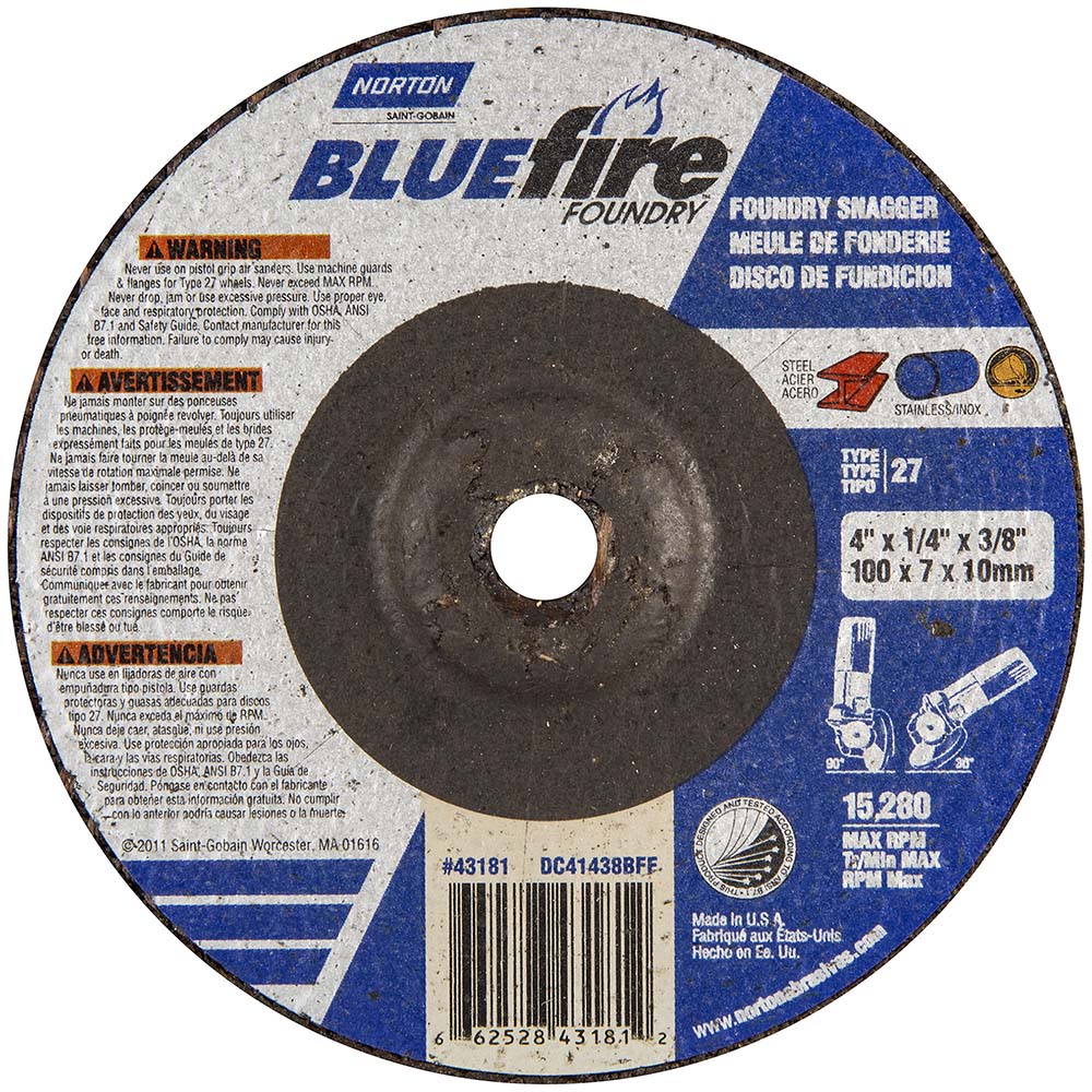 Norton 66252843181 Depressed-Center Wheel: Type 27, 4" Dia, 1/4" Thick, 3/8" Hole, Zirconia Alumina & Silicon Carbide