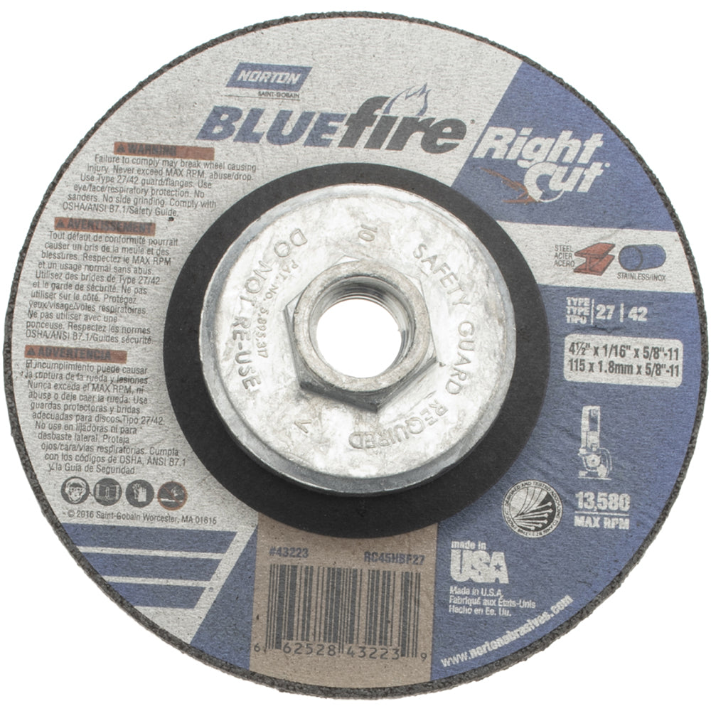 Norton 66252843223 Depressed-Center Wheel: Type 27 & Type 42, 4-1/2" Dia, 1/16" Thick, 5/8-11 Hole, Zirconia Alumina
