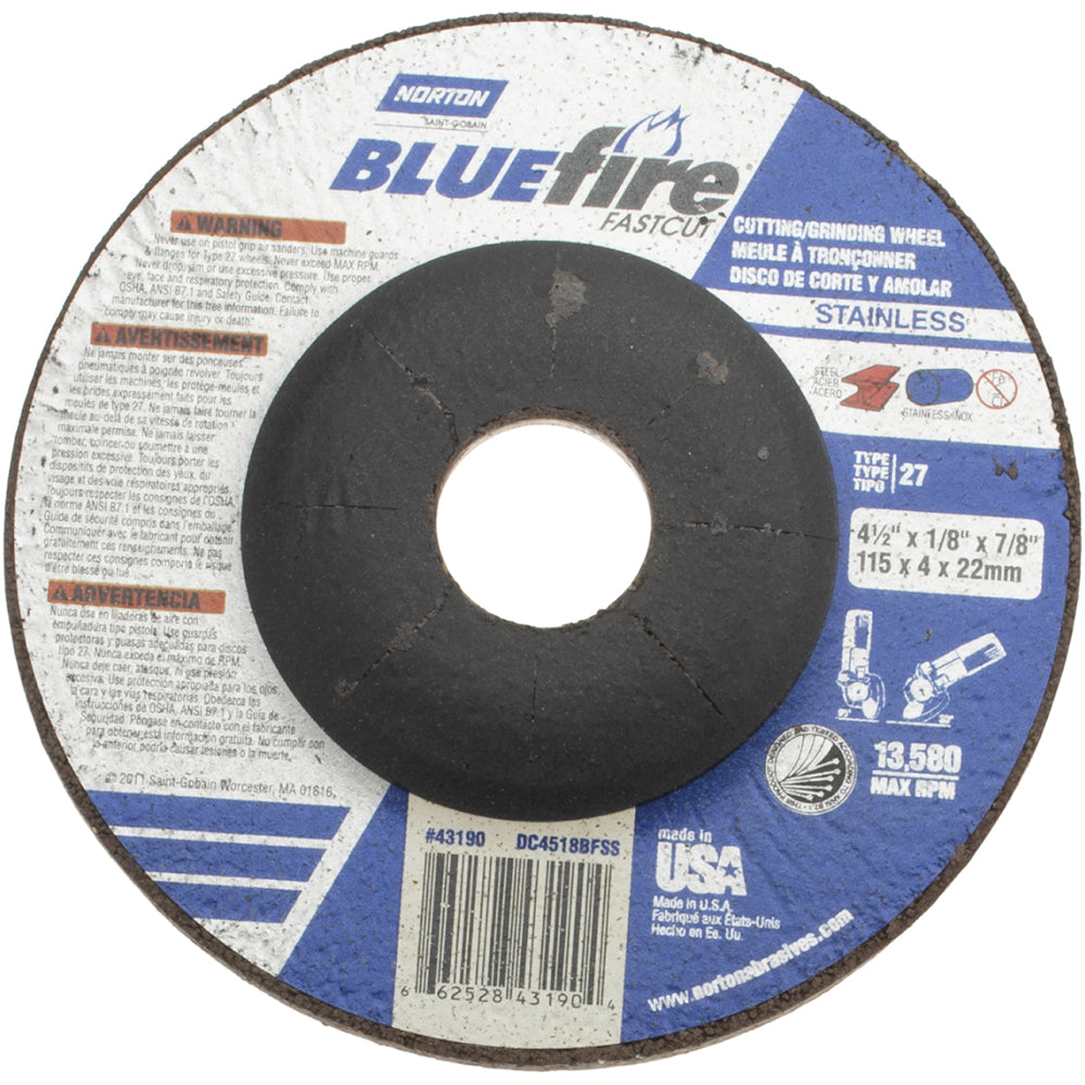 Norton 66252843190 Depressed-Center Wheel: Type 27, 4-1/2" Dia, 1/8" Thick, 7/8" Hole, Zirconia Alumina