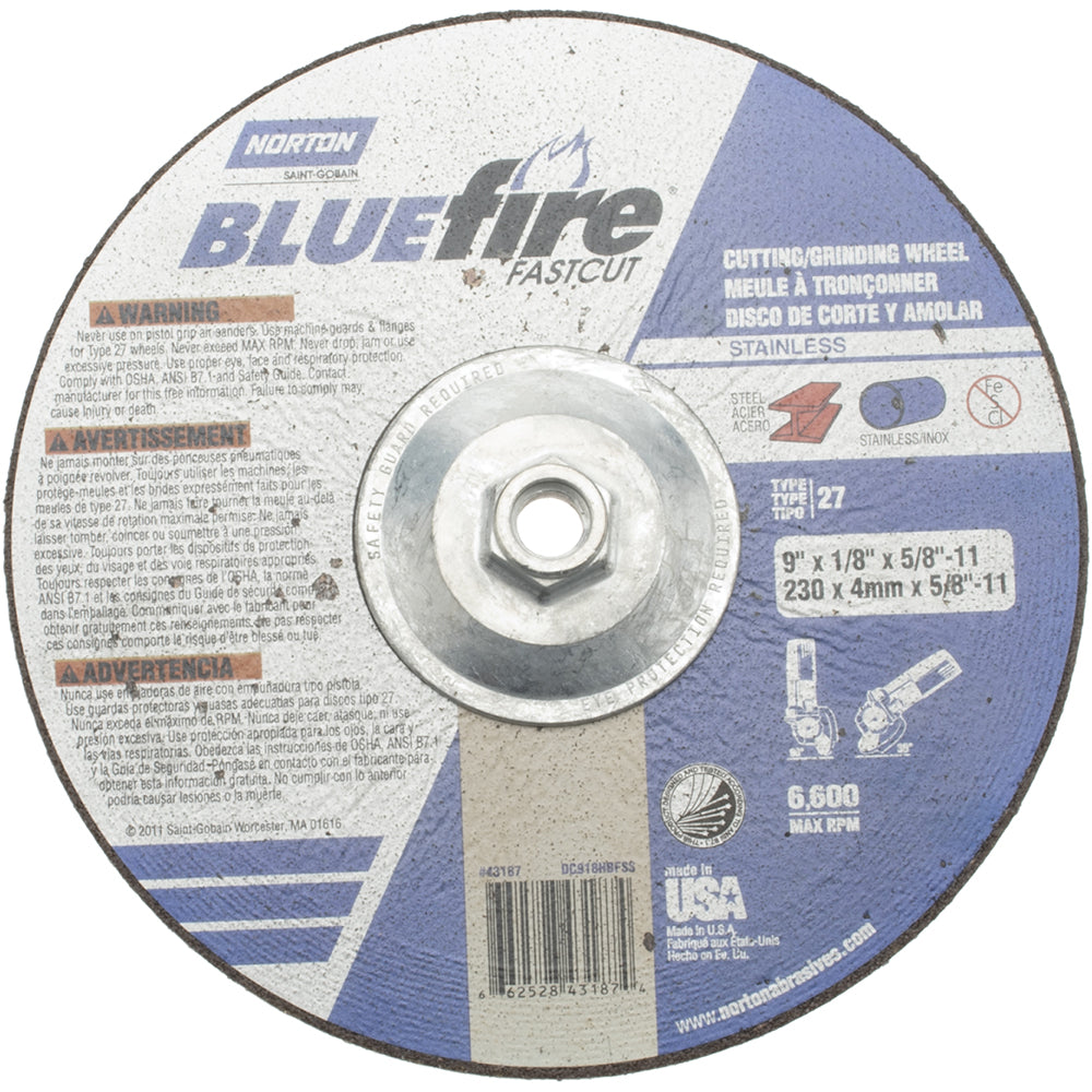 Norton 66252843187 Depressed-Center Wheel: Type 27, 9" Dia, 1/8" Thick, 5/8-11 Hole, Zirconia Alumina