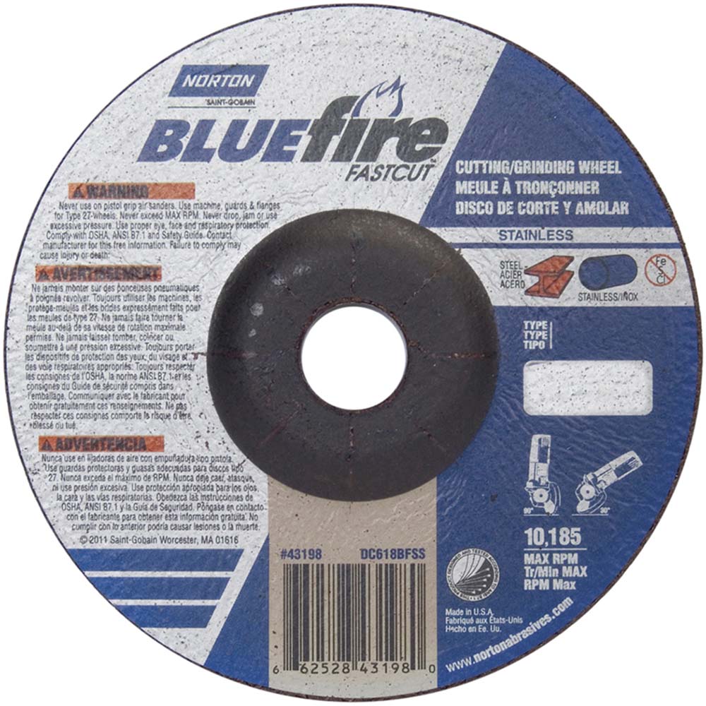 Norton 66252843198 Depressed-Center Wheel: Type 27, 6" Dia, 1/8" Thick, 7/8" Hole, Zirconia Alumina