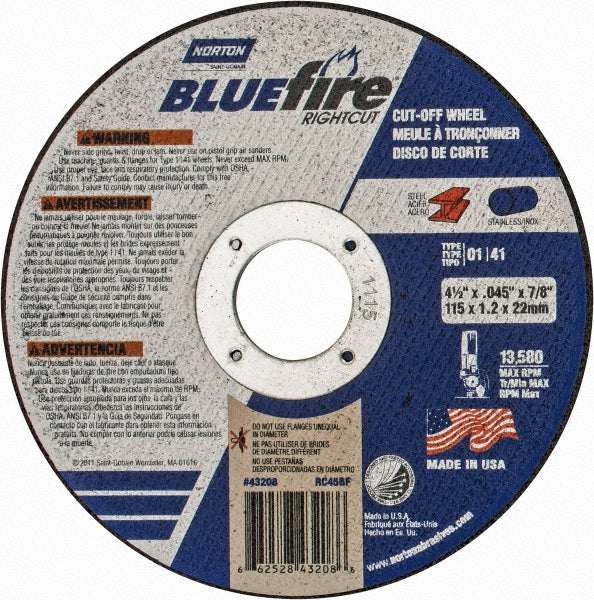 Norton 66252843208 Cut-Off Wheel: Type 1 (01/41), 4-1/2 Dia, 1/16" Thick, 7/8" Hole, Zirconia Alumina (Pack of 5)