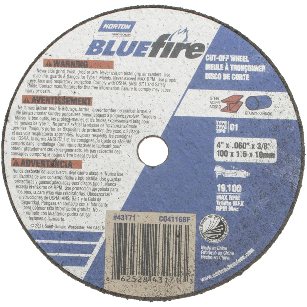 Norton 66252843171 Cut-Off Wheel: Type 1 (01/41), 4 Dia, 1/16" Thick, 3/8" Hole, Zirconia Alumina