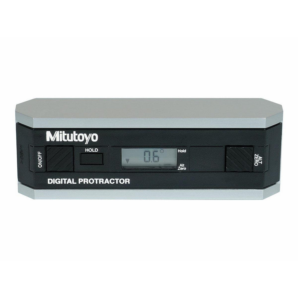 Mitutoyo 950-318 Digital & Dial Protractors; Style: Digital; Measuring Range (Degrees): 360.00; Maximum Angle Measurement: 360°; Batteries Included: Yes; Number Of Batteries: 1; Features: Powered by 9v Battery for 500 Hour Battery Life; Magnetic Base: No