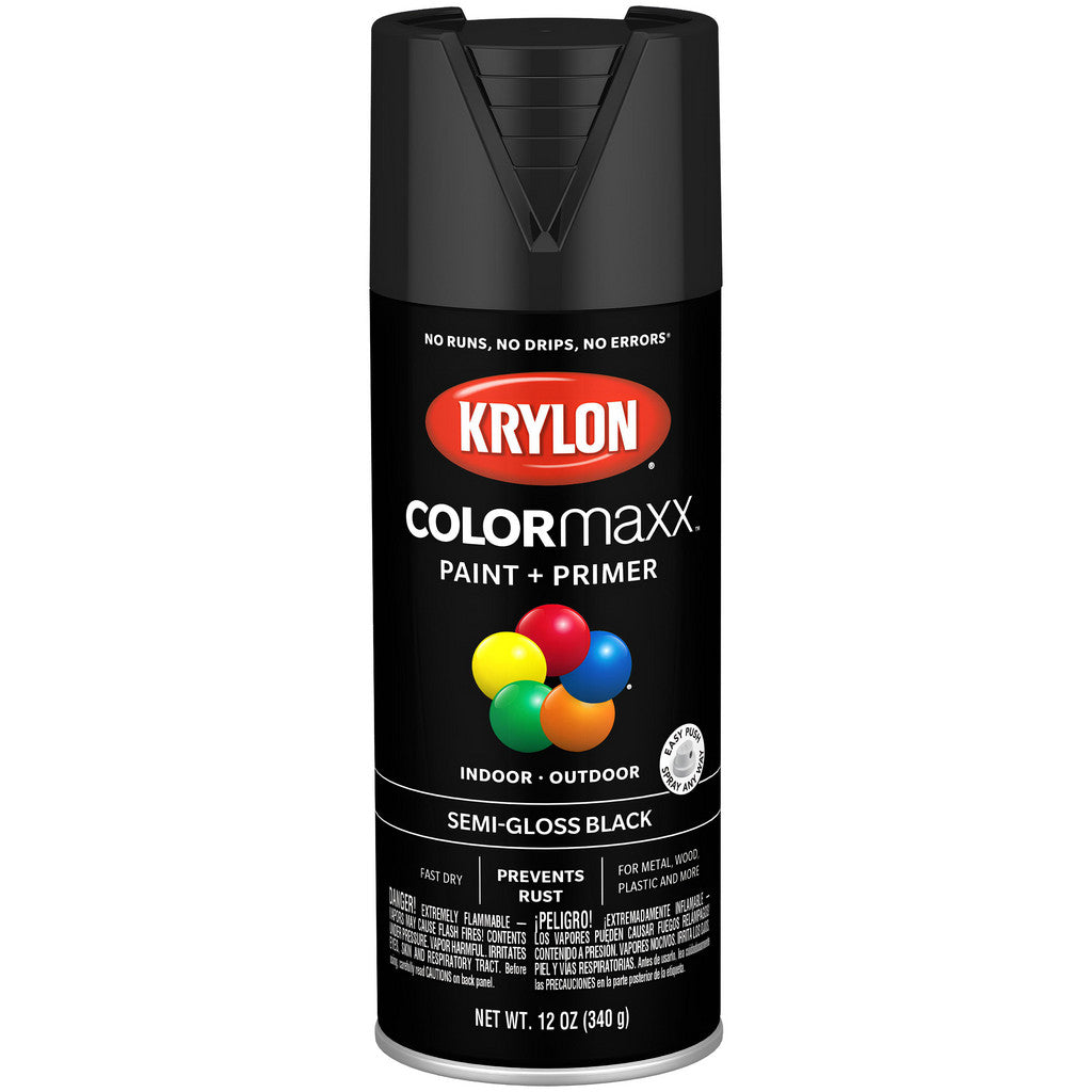 Krylon K05579007 COLORmaxx Paint + Primer, Semi-Gloss, Black, 12 oz