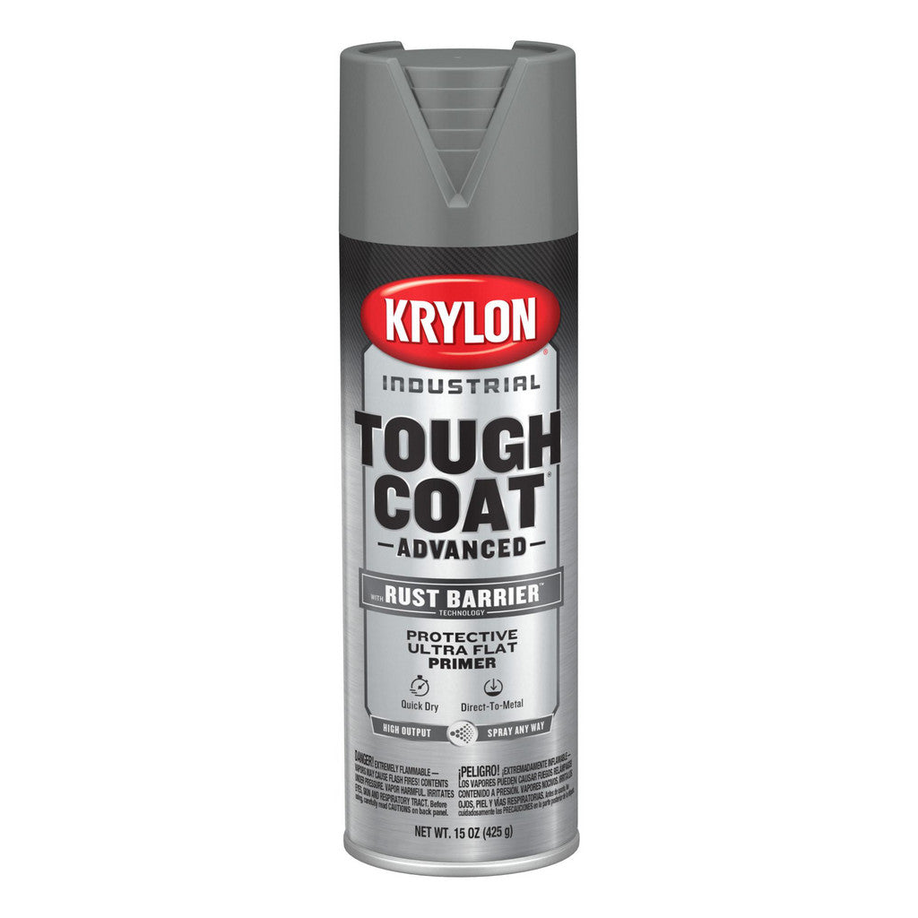 Krylon K00829008 Industrial Tough Coat Advanced with Rust Barrier Technology - Primer, Ultra Flat, Gray Primer, 15 oz