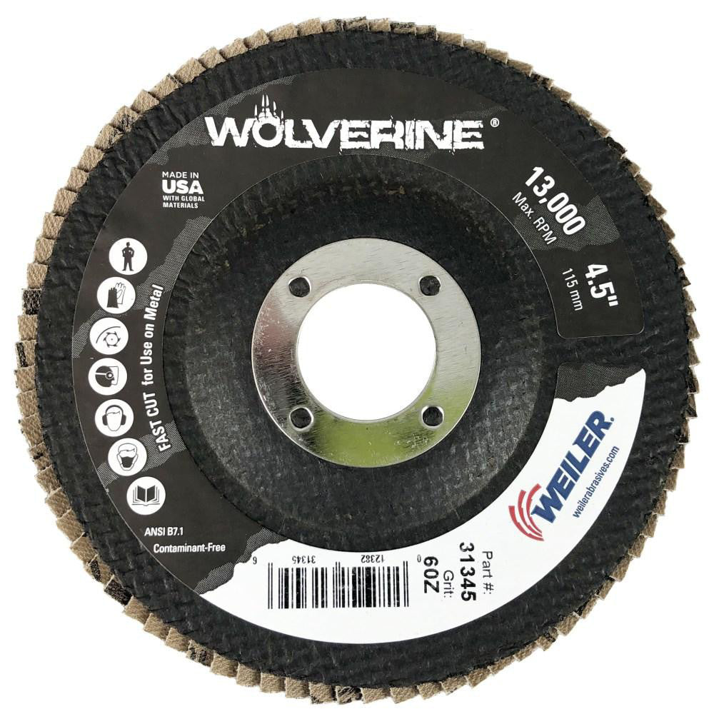 Weiler 31345 Flap Disc: 4-1/2" Dia, 7/8" Hole, 60 Grit, Zirconia Alumina, Type 29