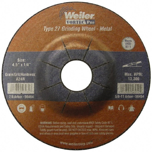 Weiler 56464 Depressed-Center Wheel: Type 27, 4-1/2" Dia, 1/4" Thick, 7/8" Hole, Aluminum Oxide (Pack of 10)