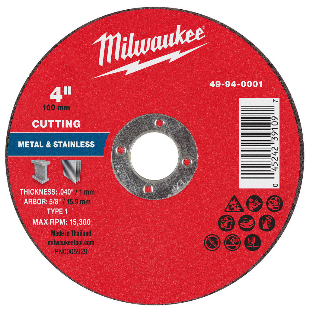Milwaukee Tool 49-94-0001 Cut-Off Wheel: Type 1, 4 Dia, 0.0400" Thick, 5/8" Hole, Aluminum Oxide
