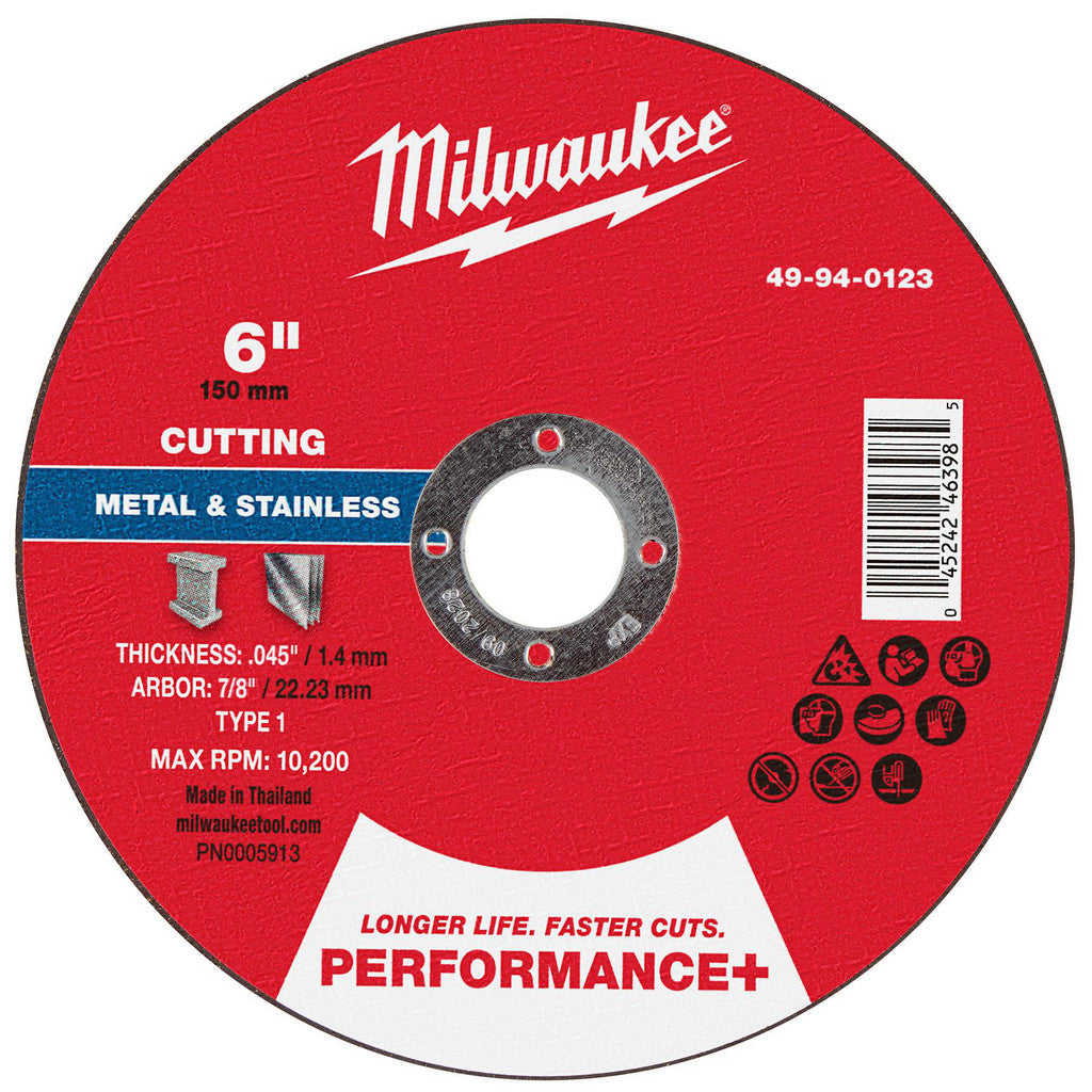 Milwaukee Tool 49-94-0123 Cut-Off Wheel: Type 1, 6 Dia, 0.0450" Thick, 7/8" Hole, Aluminum Oxide