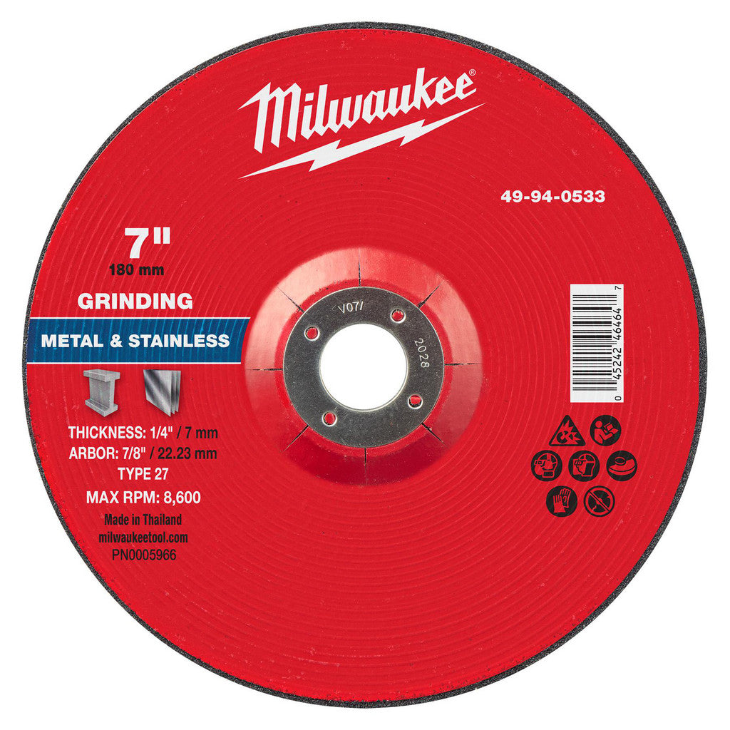 Milwaukee Tool 49-94-0533 Cut-Off Wheel: Type 27, 7 Dia, 1/4" Thick, 7/8" Hole, Aluminum Oxide