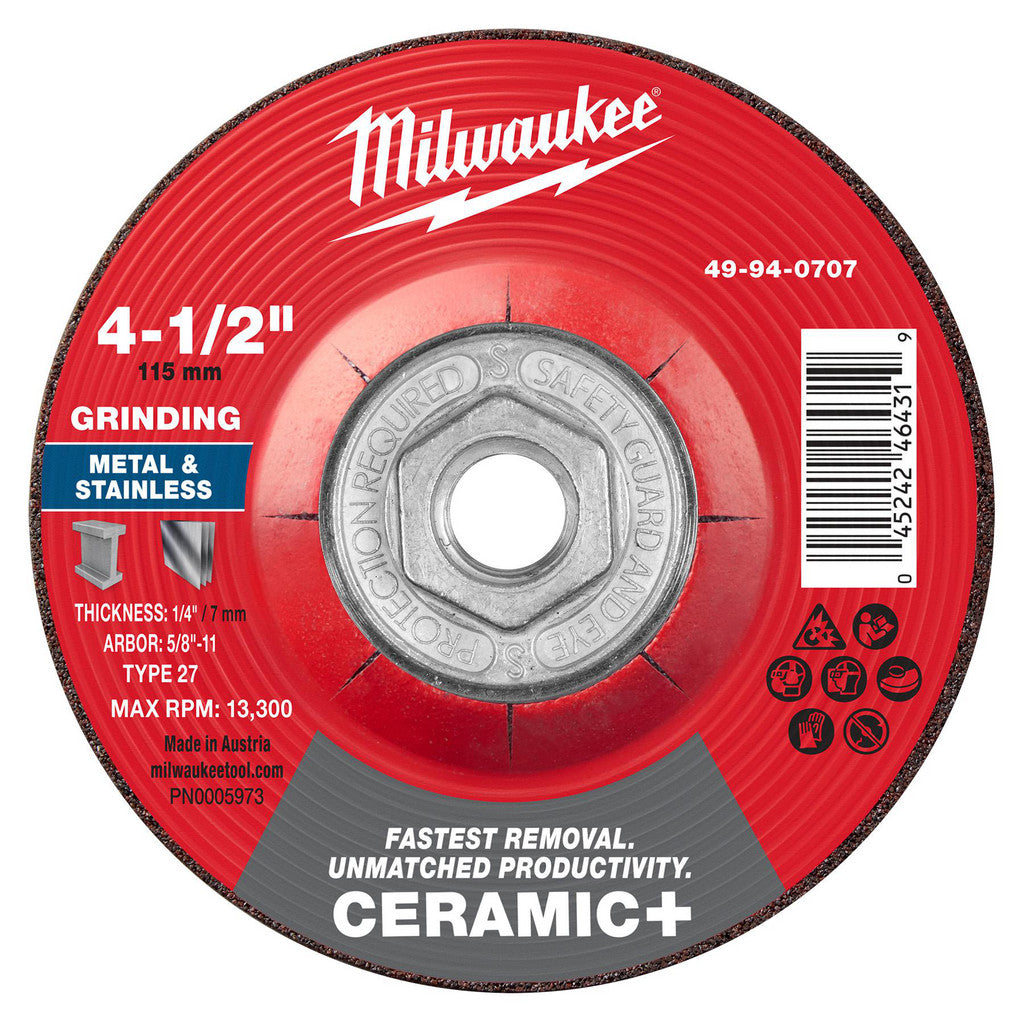 Milwaukee Tool 49-94-0707 Cut-Off Wheel: Type 27, 4-1/2 Dia, 1/4" Thick, 5/8 -11" Hole, Zirconia