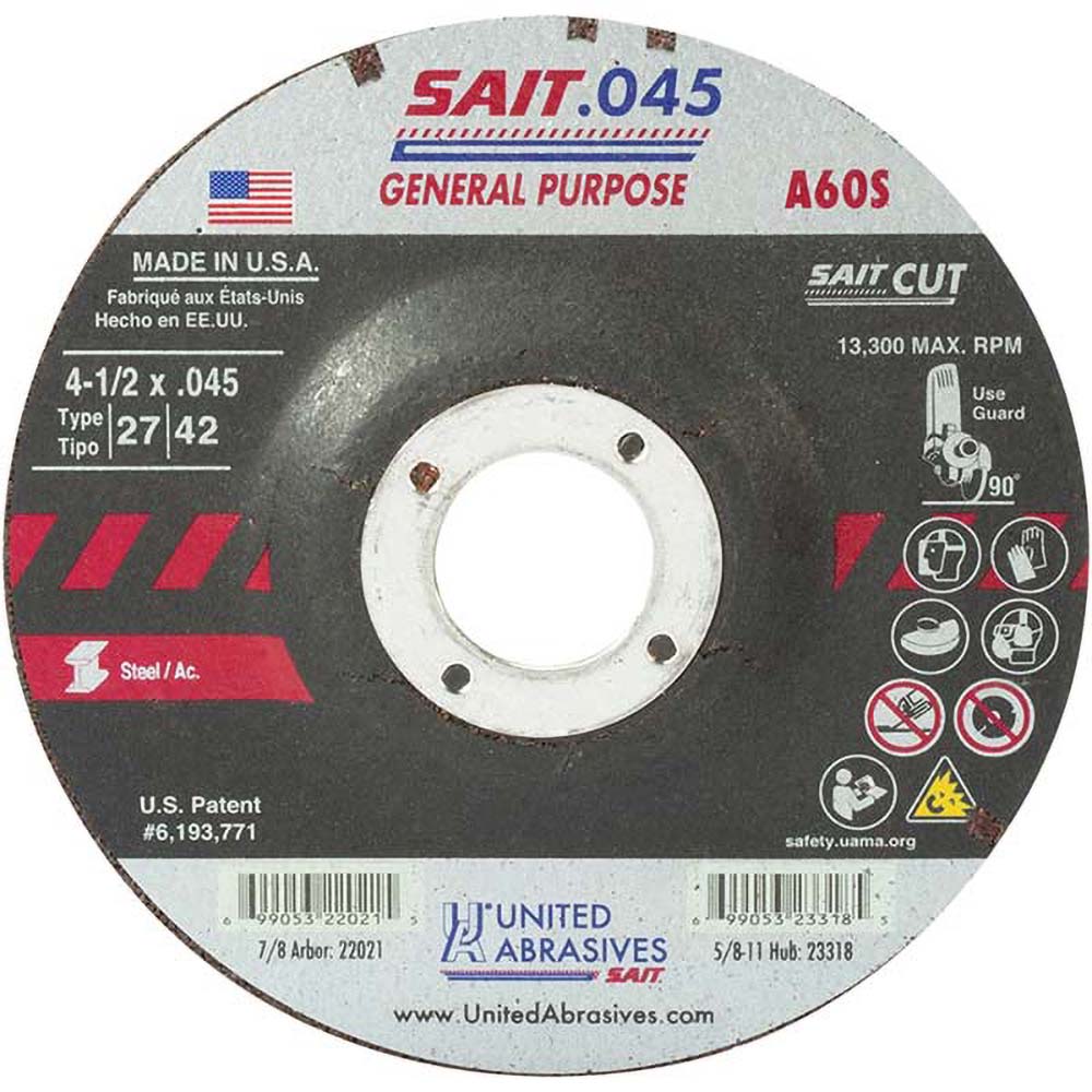 United Abrasives/SAIT 22021 Depressed-Center Wheel: Type 27, 4-1/2" Dia, 0.0450" Thick, 7/8" Hole, Aluminum Oxide
