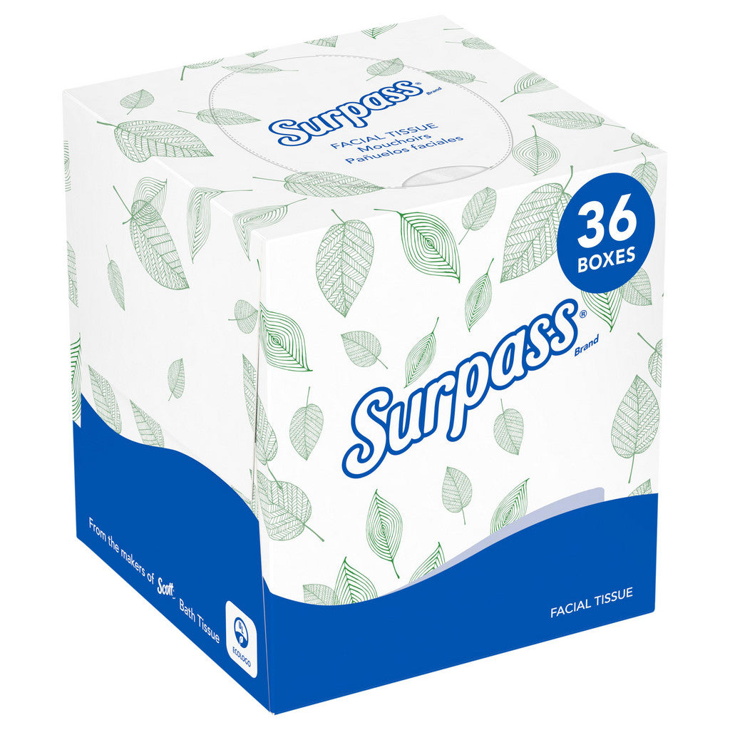 Surpass� Facial Tissue (21320), 2-Ply, White, Ecologo, Upright Facial Tissue Cube Boxes for Business
