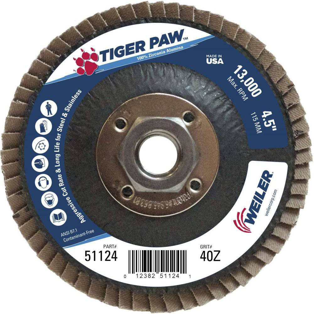 Weiler 51124 Flap Disc: 4-1/2" Dia, 40 Grit, Zirconia Alumina, Type 29