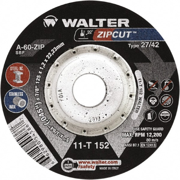 WALTER Surface Technologies 11T142 Depressed-Center Wheel: Type 27 & Type 42, 4-1/2" Dia, 3/64" Thick, 7/8" Hole, Aluminum Oxide (Pack of 25)