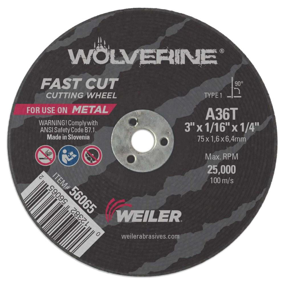 Weiler 56065 Cut-Off Wheel: Type 1 (01/41), 3 Dia, 1/16" Thick, 1/4" Hole, Aluminum Oxide (Pack of 100)
