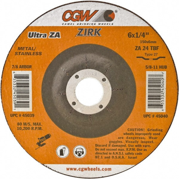 CGW Abrasives 35624 Depressed-Center Wheel: Type 27, 4-1/2" Dia, 1/4" Thick, 7/8" Hole, Zirconia Alumina (Pack of 25)