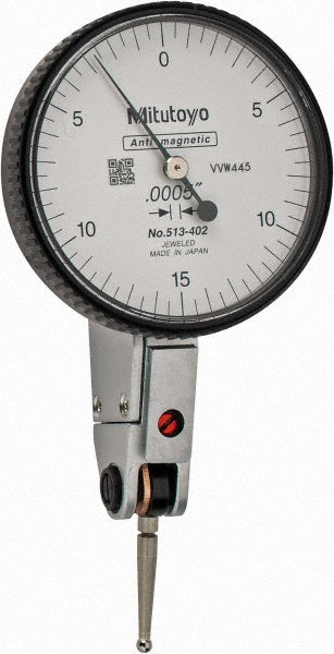 Mitutoyo 513-402-10E Horizontal Dial Test Indicator: 0.0300" Max, 0-15-0 Dial Reading, 0.000500" Accuracy