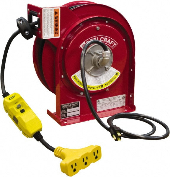 Reelcraft L 4545 123 9G Cord & Cable Reel: 12 AWG, 45' Long, Triple-Tap with GFCI End
