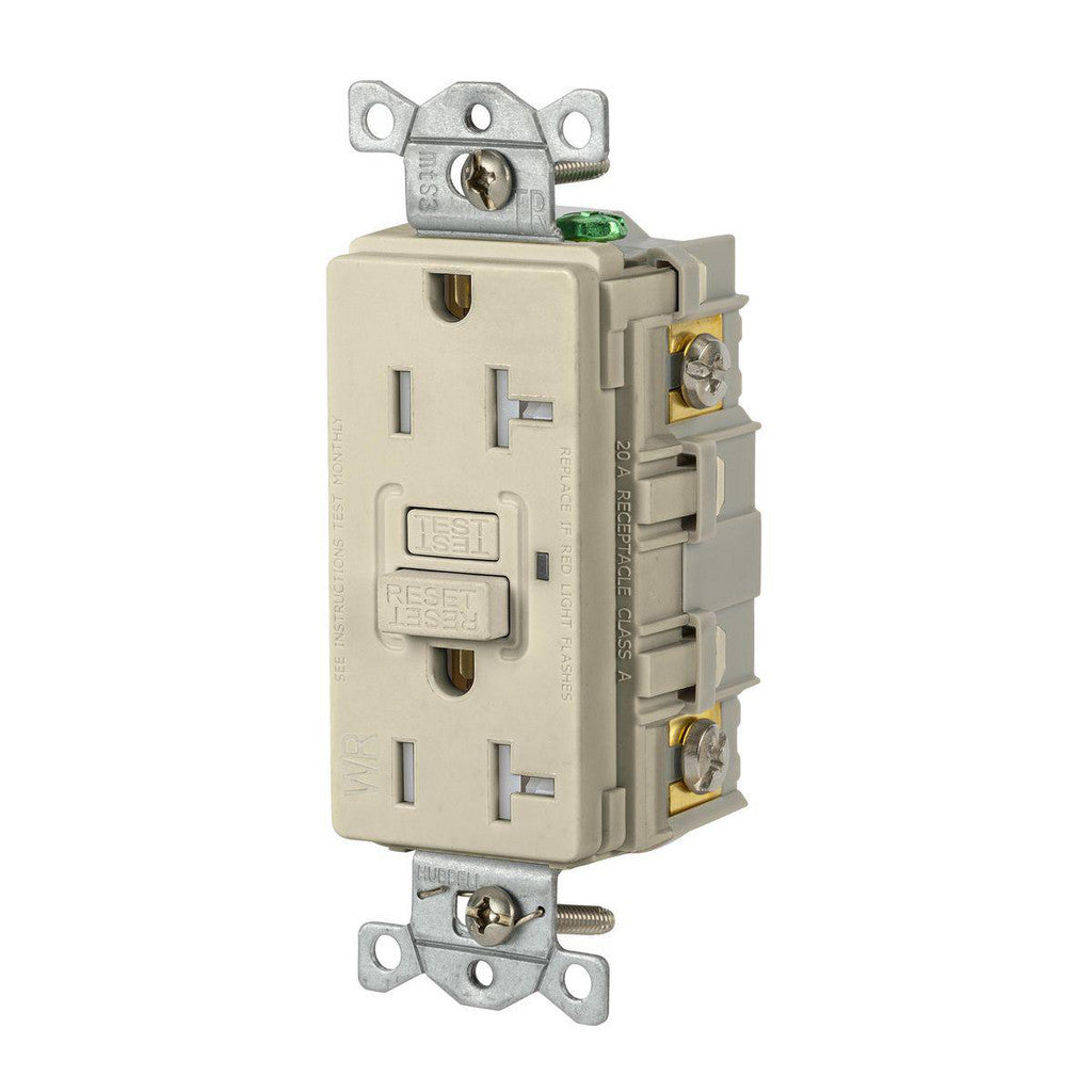 Hubbell Wiring Device-Kellems GFRTW20I GFCI Receptacles; Grade: Commercial; Receptacle Type: Duplex; NEMA Configuration: 5-20R; Wire Connection Type: Screw Terminals; End Type: Socket; Reset Type: Manual