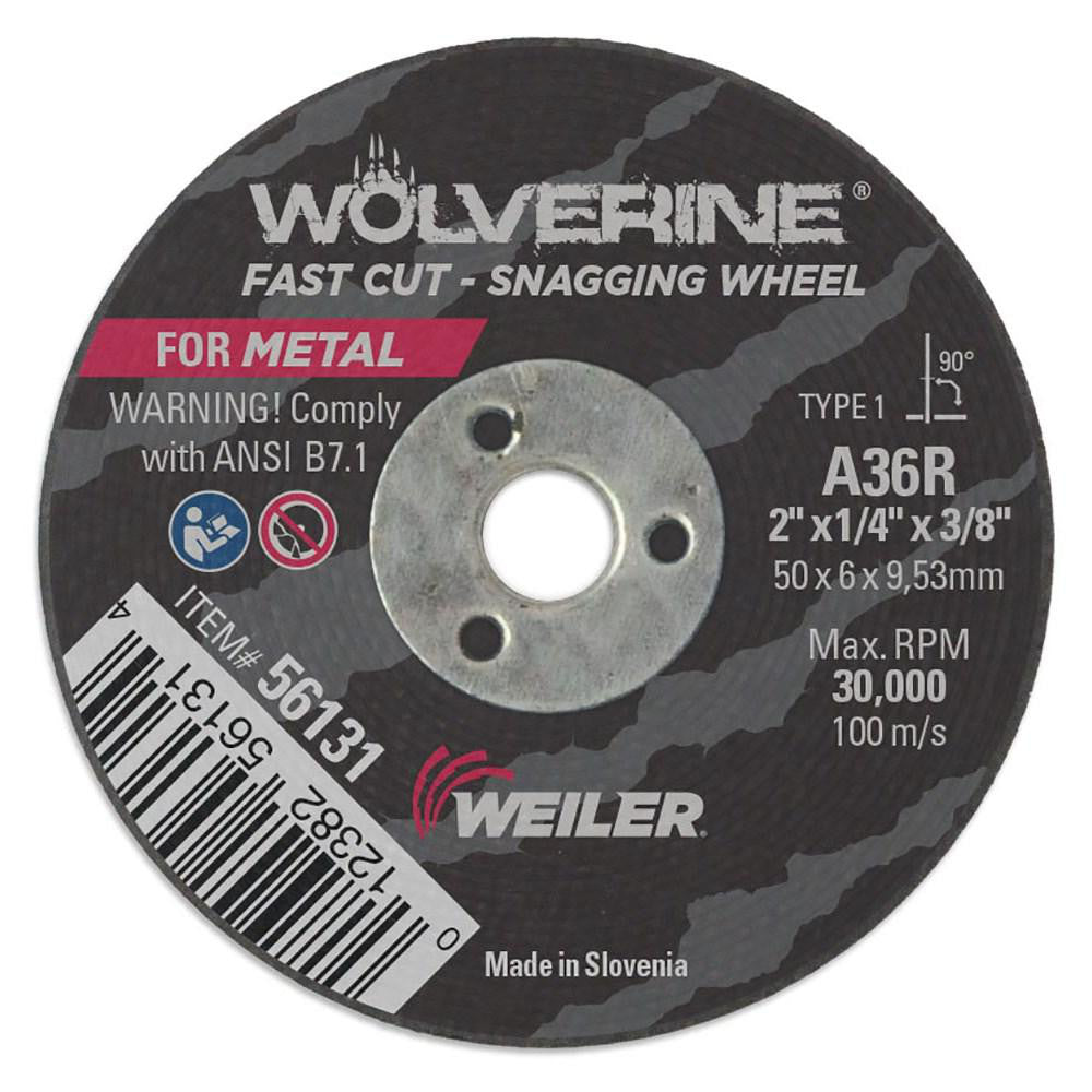 Weiler 56131 Surface Grinding Wheel: 2" Dia, 1/4" Thick, 3/8" Arbor, 36 Grit