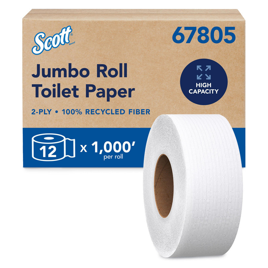 Scott Essential Jumbo Roll (JR) Commercial Toilet Paper (67805), 100% Recycled Fiber, 2-ply, White
