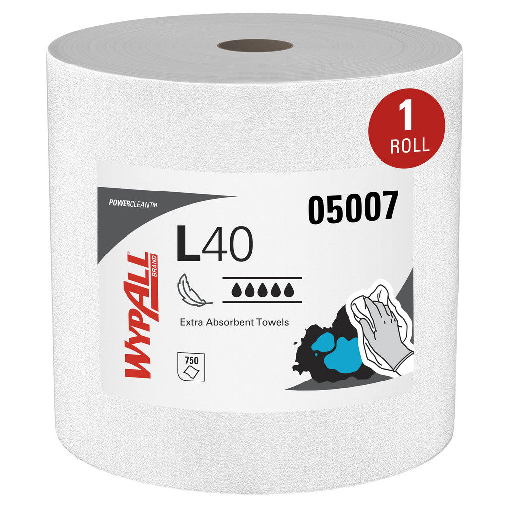 WypAll 5007 PowerClean L40 Extra Absorbent Towels (05007), Jumbo Roll, Limited Use Towels, White