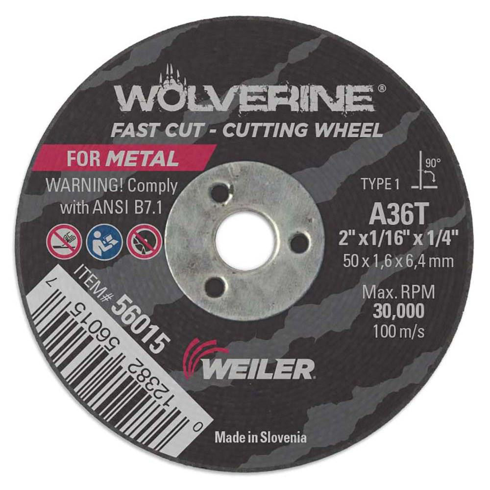 Weiler 56015 Cut-Off Wheel: Type 1 (01/41), 2 Dia, 1/16" Thick, 1/4" Hole, Aluminum Oxide (Pack of 50)