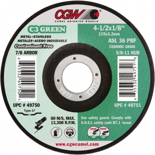 CGW Abrasives 49750 Depressed-Center Wheel: Type 27, 4-1/2" Dia, 1/8" Thick, 7/8" Hole, Aluminum Oxide