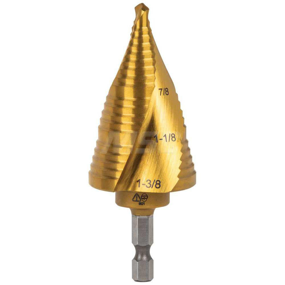Klein Tools KTSB15 Step Drill Bit: 1-3/8" Dia, 3/8" Shank Dia, High Speed Steel, 3 Hole Sizes