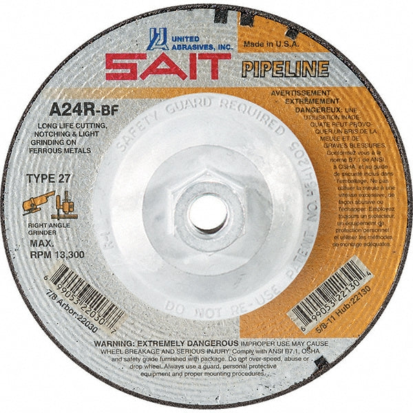 United Abrasives/SAIT 22130 Depressed-Center Wheel: Type 27, 4-1/2" Dia, 1/8" Thick, 5/8-11 Hole, Aluminum Oxide (Pack of 10)
