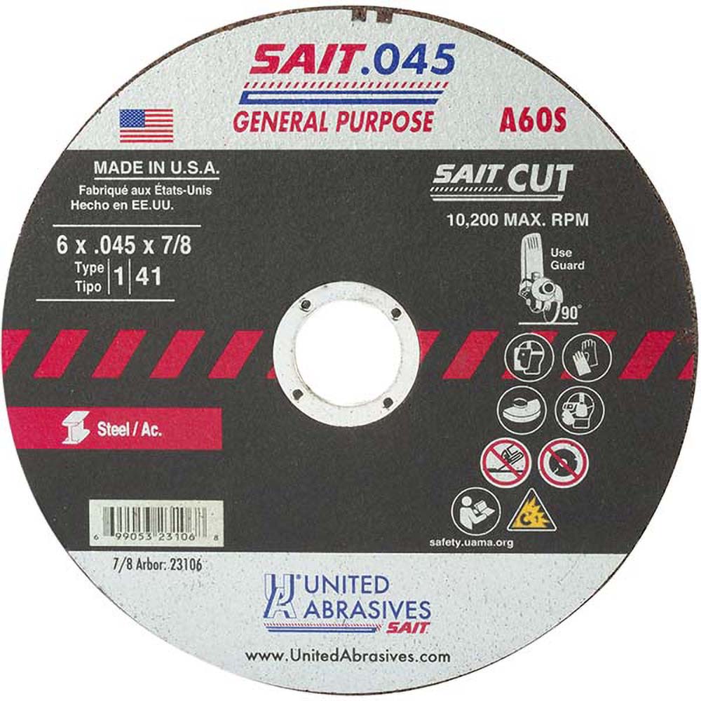 United Abrasives/SAIT 23106 Cut-Off Wheel: Type 1 (01/41), 6 Dia, 0.0450" Thick, 7/8" Hole, Aluminum Oxide (Pack of 50)