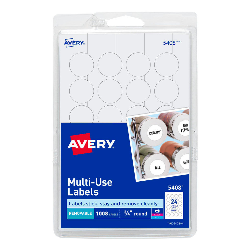 AVERY 5408 Label Maker Label: White, Paper, 3/4" OAL, 3/4" OAW, 1,008 per Roll
