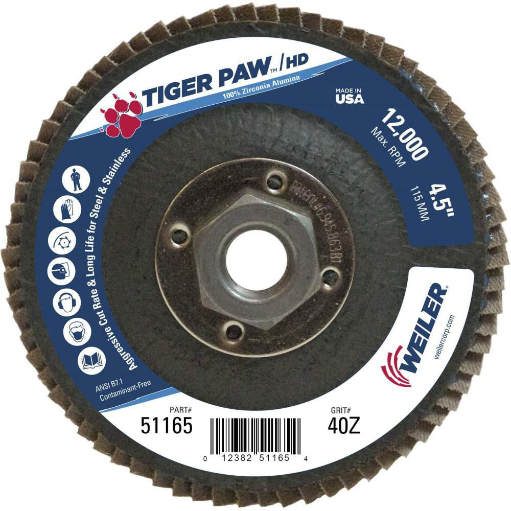 Weiler 51165 Flap Disc: 4-1/2" Dia, 40 Grit, Zirconia Alumina, Type 27 (Pack of 10)