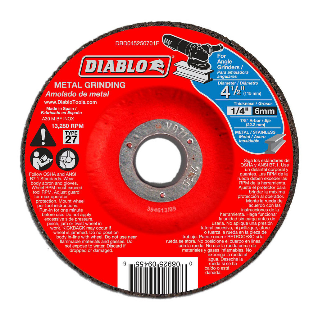 DIABLO DBD045250701F Depressed-Center Wheel: Type 27, 4-1/2" Dia, 1/4" Thick, 7/8" Hole